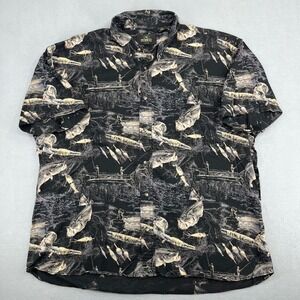RedHead Mens XXL Fishing Bass Print Short Sleeve Button Down Shirt Black